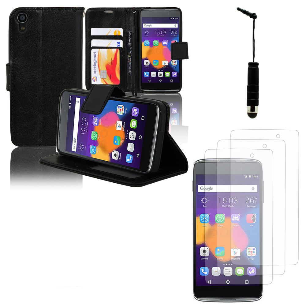 Alcatel Idol 3 (4.7): Lot Coque Etui Housse Pochette Accessoires Portefeuille Support Video + 3 Films Transparent + 1 Mini Stylet - Noir