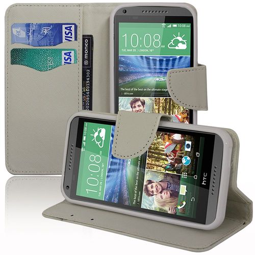 Htc Desire 816/ 816g Dual Sim: Etui Portefeuille Livre Housse Coque Pochette Support Vidéo Cuir Pu Effet Tissu - Blanc