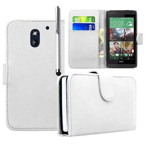 Htc Desire 610: Etui Portefeuille Livre Housse Coque Pochette Cuir Pu + Stylet - Blanc