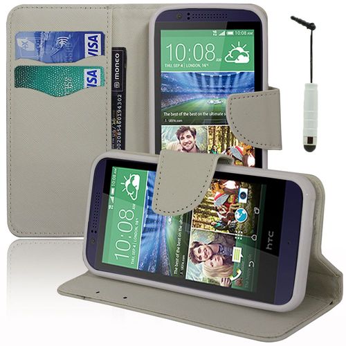 Htc Desire 510: Etui Portefeuille Livre Housse Coque Pochette Support Vidéo Cuir Pu Effet Tissu + Stylet - Blanc
