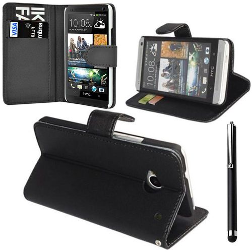 Htc One Mini M4/ 601/ 601e/ 601n/ 601s: Etui Portefeuille Livre Housse Coque Pochette Support Vidéo Cuir Pu + Stylet - Noir