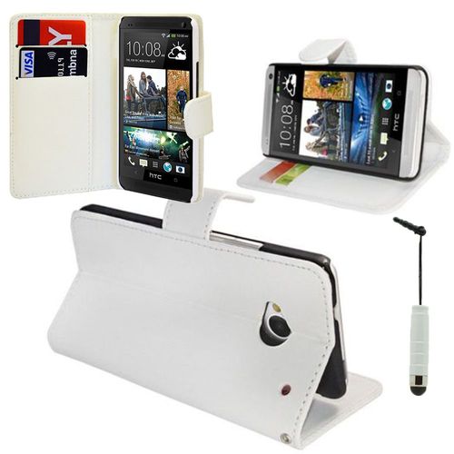 Htc One Mini M4/ 601/ 601e/ 601n/ 601s: Etui Portefeuille Livre Housse Coque Pochette Support Vidéo Cuir Pu + Stylet - Blanc