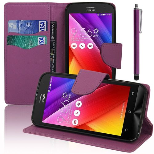 Asus Zenfone 2 Ze500cl/ Zenfone 2e: Etui Portefeuille Livre Housse Coque Pochette Support Vidéo Cuir Pu Effet Tissu + Stylet - Violet