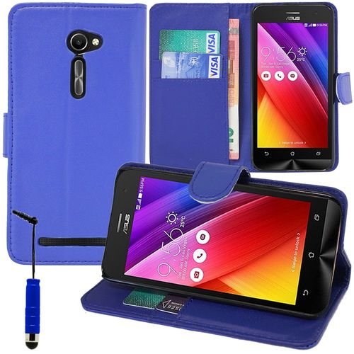 Asus Zenfone 2 Ze500cl/ Zenfone 2e: Etui Portefeuille Livre Housse Coque Pochette Support Vidéo Cuir Pu + Stylet - Bleu-Fonce