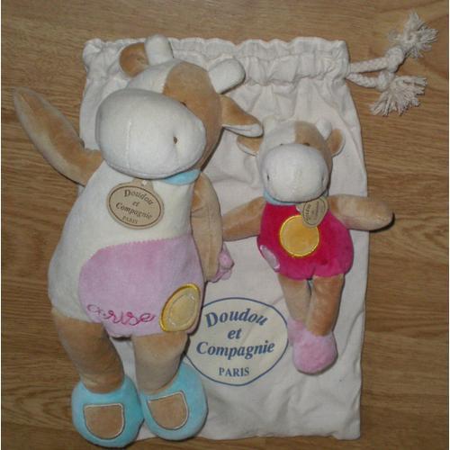 Peluche Doudou Vache Cow Kuh Maman Avec Bébé Cerise Rose Blanc Bleu Jaune Beige Doudou Et Compagnie & Cie D&c Lr