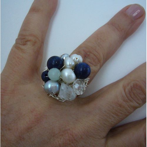 Bague Lithothérapie - Pierres Naturelles Lapis Lazuli - Cristal De Roche - Hématite - Amazonite - Perle De Culture - Ajustable - Fait Main - Sur Mesure - B.Art Création -