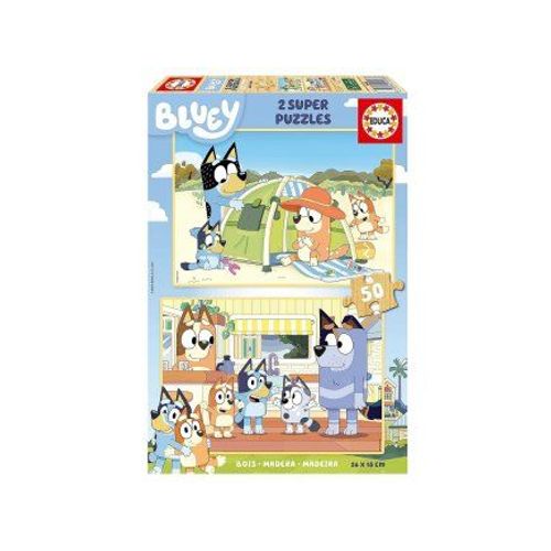 Puzzle Enfant 2 X 50 Pieces Journee Detente Pour Bluey, Plage Et Restaurant - Personnages Dessin Anime - Set Puzzle + Carte Animaux