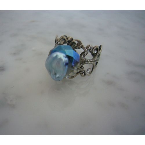 Bague Perle De Culture Biwa Bleue Et Cristal Bleu Sur Monture Originale Ajustable + B.Art Création + Neuf + Pièce Unique