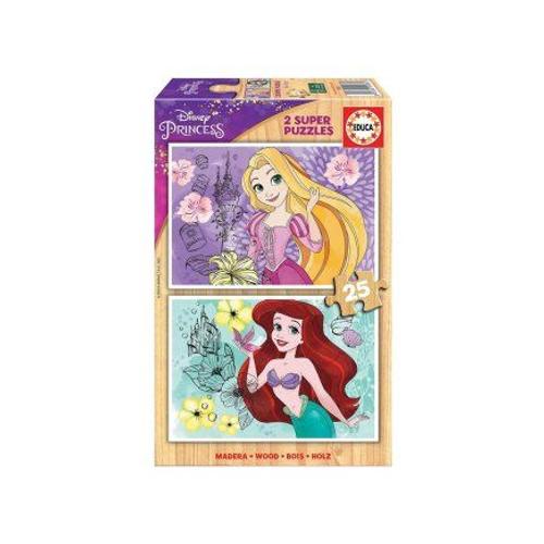 Pack Super Puzzles 2 X 25 Pieces Disney Princesses : Raiponce Et Ariel - Puzzle En Bois Fsc - Enfant, Fille - Set Puzzle 4 Ans + Carte