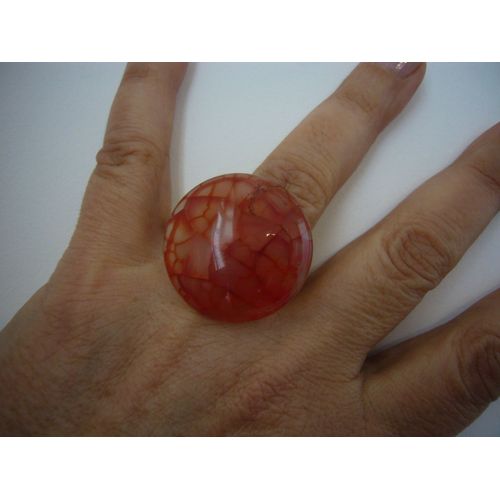 Bague Lithothérapie - Agate Orange Ronde Sur Monture Ciselée Originale, Ajustable - B.Art Création - Neuve