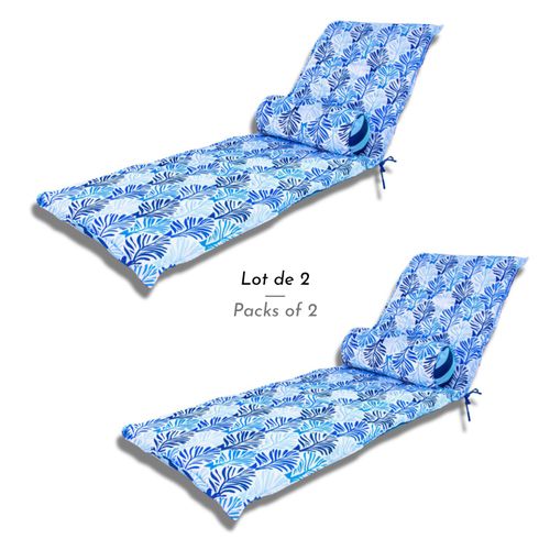 Lot De 2 Coussins Pour Chaise Longue & Transat 195/60cm + 2 Traversin - Antiuv Et Imperméable - Motif Feuillage Bleu