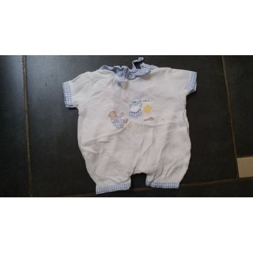 Combinaison Greg And Jo Short Coton 1 Mois Blanc Et Vichy Bleu Clair