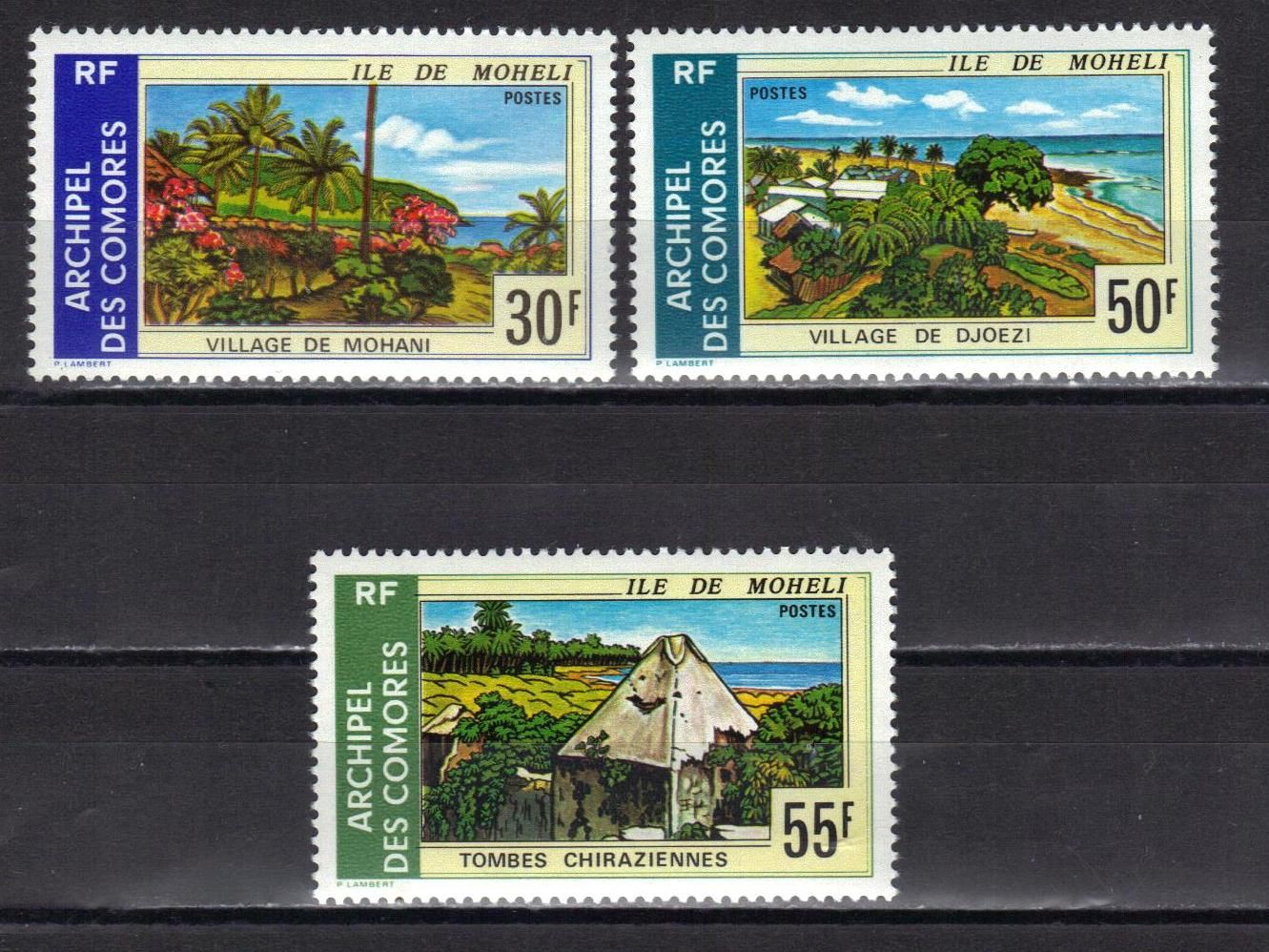 Comores 1975 : Sites De L'île De Mohéli : Village De Mohani / Village De Djoezi / Tombes Chiraziennes - Série Entière De 3 Timbres À 135 F. Neufs ** Cote 12 