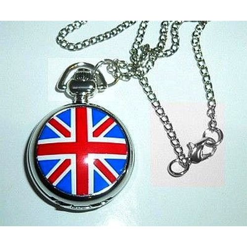 Bijou Collier Sautoir Avec Pendentif Mini Montre À Gousset À Quartz - Ø 29 Mm - Acier Chromé - Drapeau Anglais / Britannique / Union Jack / Angleterre