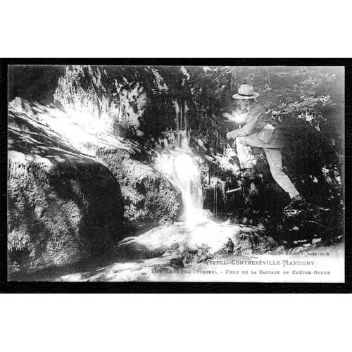 Carte Postale Ancienne, France, Vosges ( 88 ), Vittel - Contrexéville - Martigny - Theillières, Fond De La Cascade De Chèvre Roche, Homme Au Chapeau