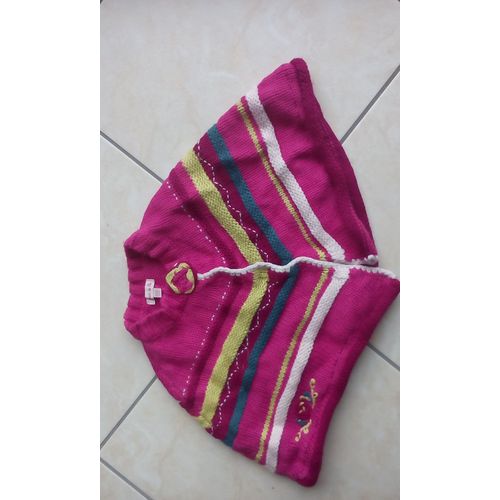 Gilet Poncho Grain De Blé Acrylique 6 Mois Raye Rose Jaune