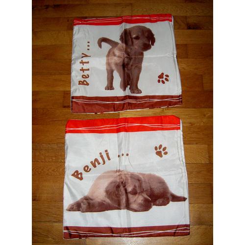 Ensemble De 2 Taies D'oreiller La Redoute Motif Chiots Benji Et Betty 38 X 38 Cm Beige Marron Et Rouge