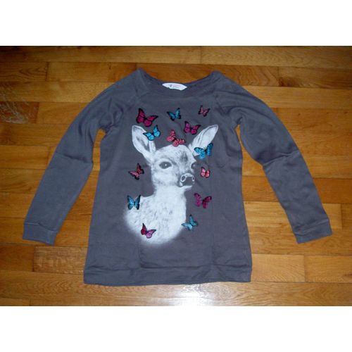 T-Shirt Tee Shirt Manches Longues Gris Foncé Motif Daim Et Papillons Rouges Et Verts H&m Taille 10 Ans