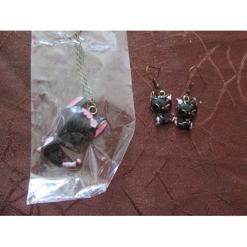 Parure Chat Noir Et Rose Boucle D Oreille + Collier