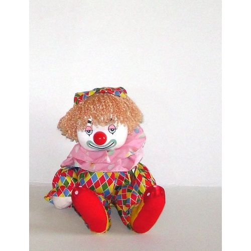 Clown Musical Tête Articulée Boite À Musique À Cles Tissus Arlequin 30cm