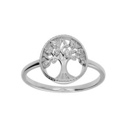 Bague Argent Rhodié Arbre De Vie Contour Perlé Avec Oxydes Blancs