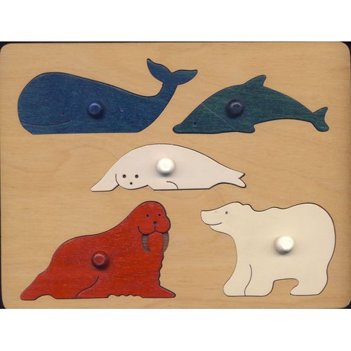 Puzzle D'éveil En Bois, 5 Animaux Du Froid : Baleine, Dauphin, Phoque, Morse, Ours Blanc