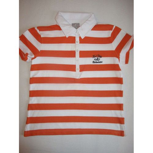 Polo Rayé Blanc Orangé Brodé Badminton Cyrillus 12 Ans