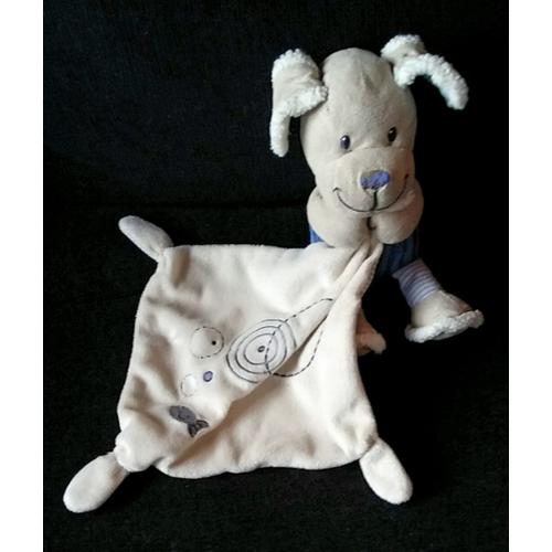 Doudou Chien Bleu Beige Mouchoir Motif Poisson Pommette