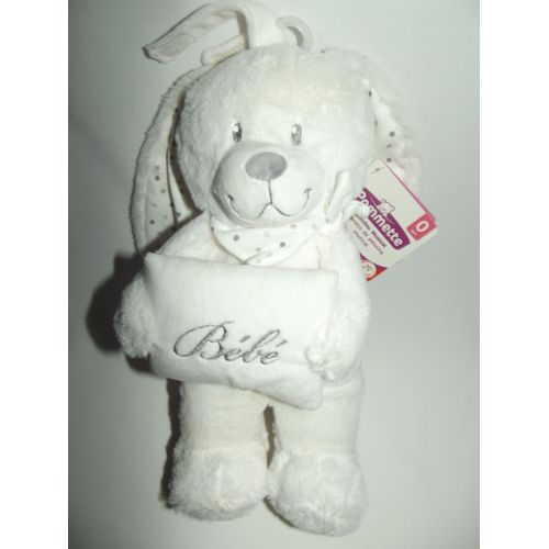 Doudou Musical Lapin Pommette Intermarché Boite À Musique Blanc Gris Pois Bébé Brodé Jouet Bebe Naissance Peluche Éveil Enfant Comfort Blanket Comforter Soft Toy 25 Cm ,Oreilles 14 Cm 