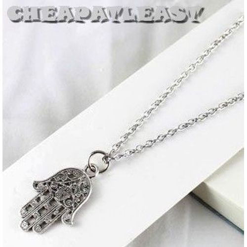 Collier Sautoir Avec Pendentif Main De Fatma / Fatima / Khamsa / Hahmsa / Hamesh - Métal Tibétain Argenté