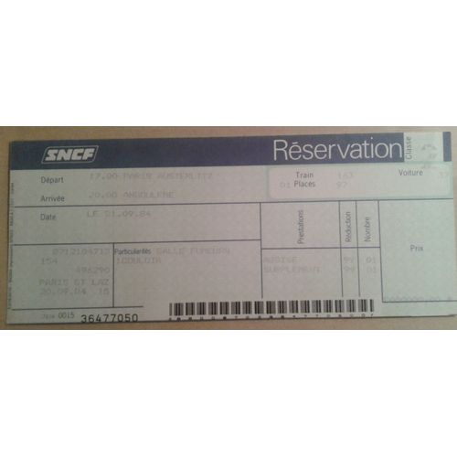 Billet Réservation Train Sncf 2nd Classe Paris Austerlitz Angoulême Le 21.09.84