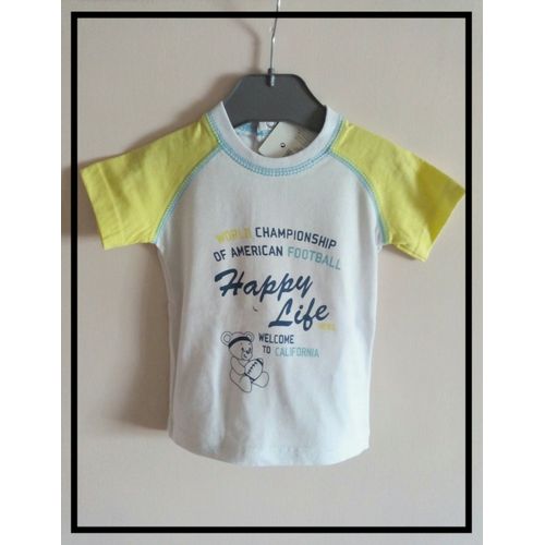 Très Beau Tee-Shirt Bébé Neuf - Mixte Pour Fille Garçon Garcon - Blanc Jaune Bleu Turquoise - Imprimé Sport Foot Football Américain Ours Ourson Nounours Avec Ballon De Rugby - Tee Shirt 12 Mois / 1 An
