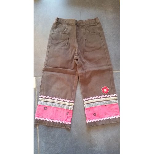 Pantalon Vertbaudet Coton 3 Ans Marron Fleur Brodée