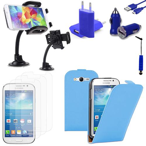 Samsung Galaxy Grand Plus/ Grand Neo/ Grand Lite I9060 I9062 I9060i I9080: Lot Etui Housse Coque Pochette Accessoires Support Chargeur Voiture Films Stylet Cuir Slim Ultra Fine - Bleu