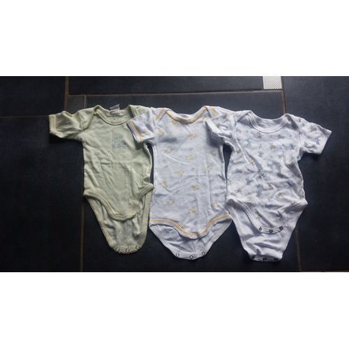 Lot De 3 Bodys Coton 3 Mois Blanc, Vert, Imprimé