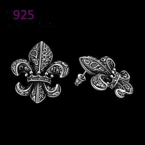 Boucles D'oreilles Fleur De Lys Gris Argent Strass Noir Gris