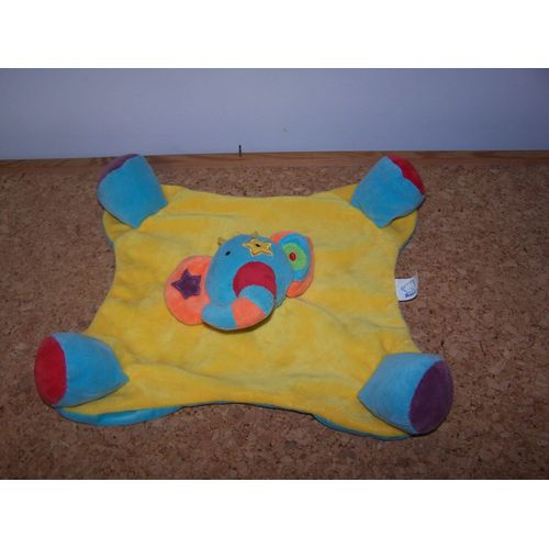 Doudou Plat Elephant Bawi Grelots Bleu Jaune