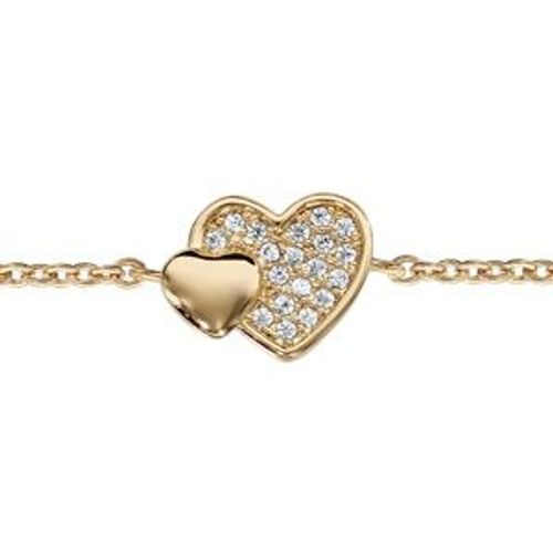 Bracelet Plaqué Or Double Coeur Pave Oxydes Blancs Et Lisse 16+2cm