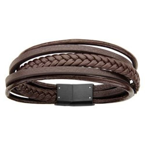 Bracelet Acier Et Cuir Bovin Marron Multifils 20cm