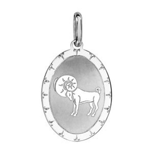 Pendentif Argent Rhodié Zodiaque Plaque Ovale Bélier Mat Et Brillant