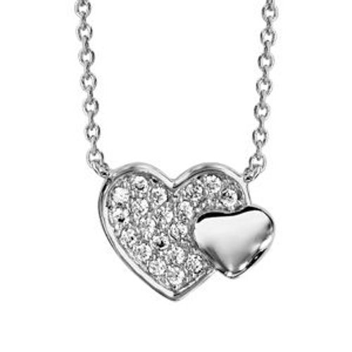 Collier Argent Rhodié Double Coeur Pave Oxydes Blancs Et Lisse 40+4cm