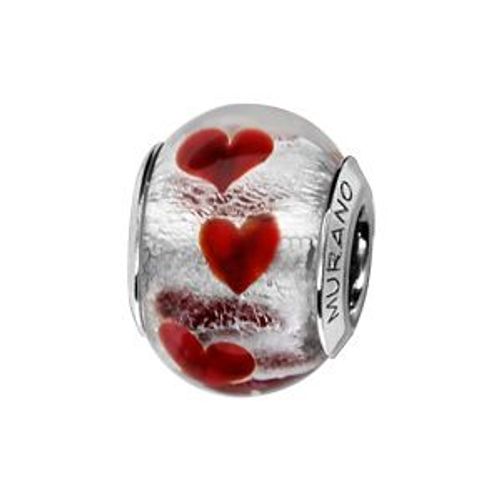 Charms Coulissant Argent Rhodié Verre De Murano Pailleté Coeur Rouge