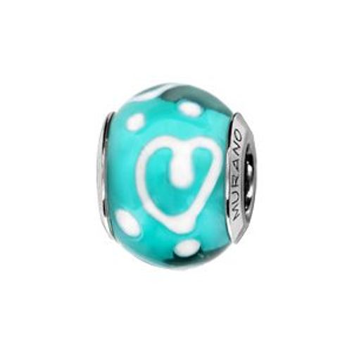 Charms Coulissant Argent Rhodié Verre De Murano Fond Turquoise Coeur Blanc Fin