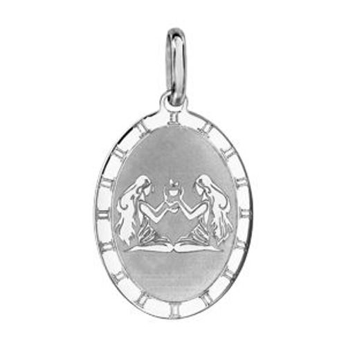 Pendentif Argent Rhodié Zodiaque Plaque Ovale Gemeaux Mat Et Brillant