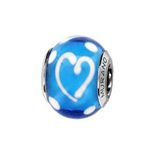 Charms Coulissant Argent Rhodié Verre De Murano Bleu Coeur Blanc Fin