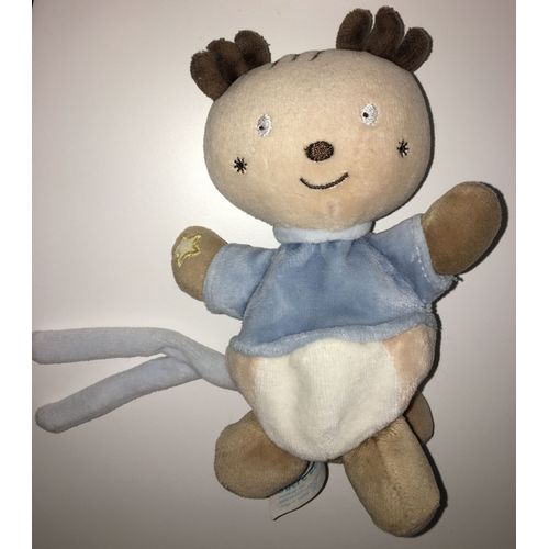 Doudou Renne Cerf Elan Tetinou Sucre D'orge Peluche Attache Tetine Sucette Caribou Bleu Blanc Beige 