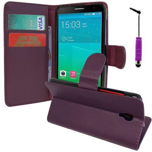 Etui Portefeuille Pour Alcatel Idol 2 S 5.0" Support Video Cuir Pu - Violet + Mini Stylet
