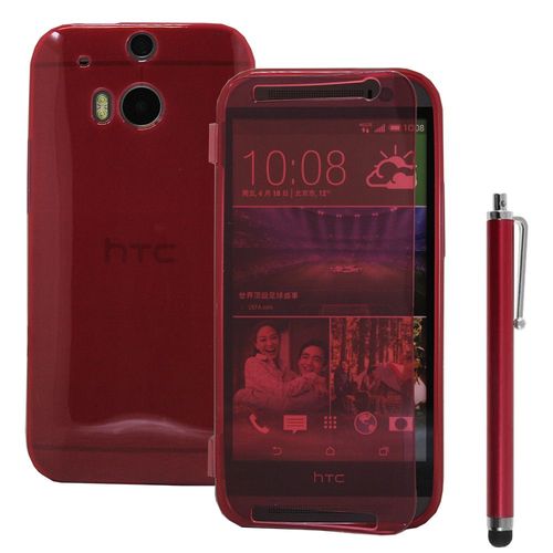 Coque Silicone Pour Htc One (M8) 5.0" Gel Livre Rabat - Rouge + Stylet