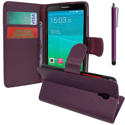 Etui Portefeuille Pour Alcatel Idol 2 S 5.0" Support Video Cuir Pu - Violet + Stylet