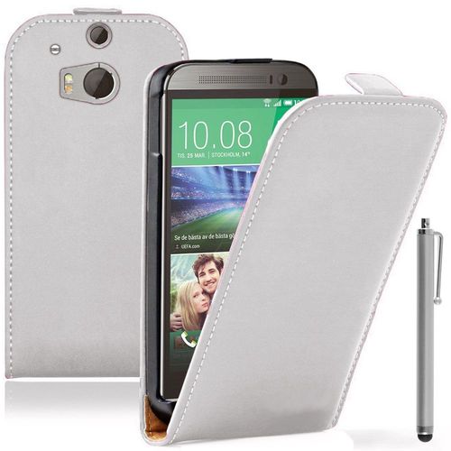Etui Rabattable Verticale Pour Htc One (M8) 5.0" En Cuir Pu - Blanc + Stylet